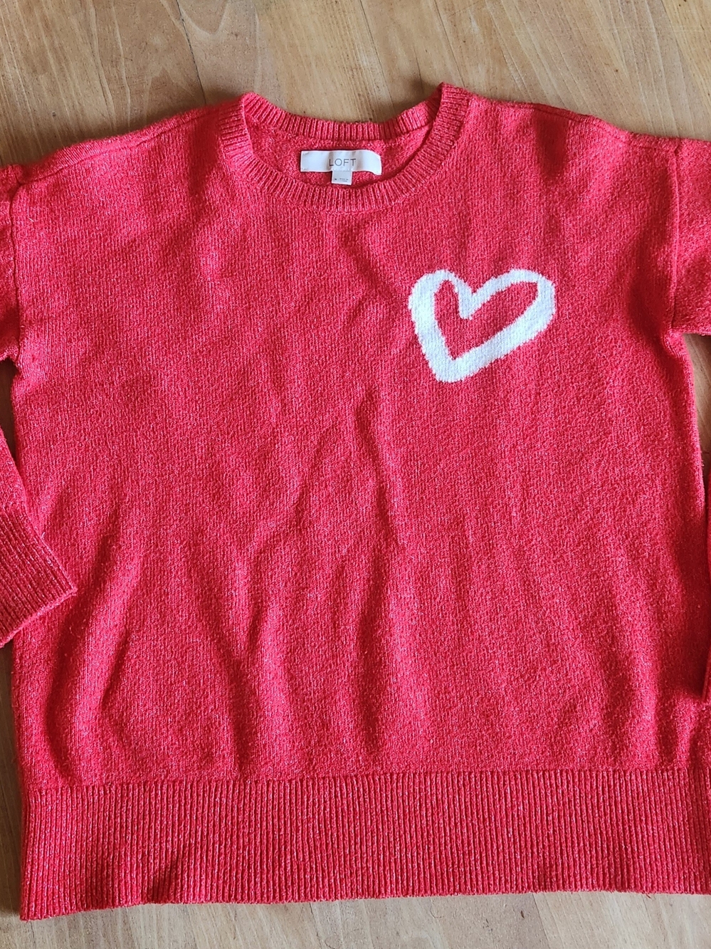 LOFT Red Crewneck Sweater with White Heart Accent